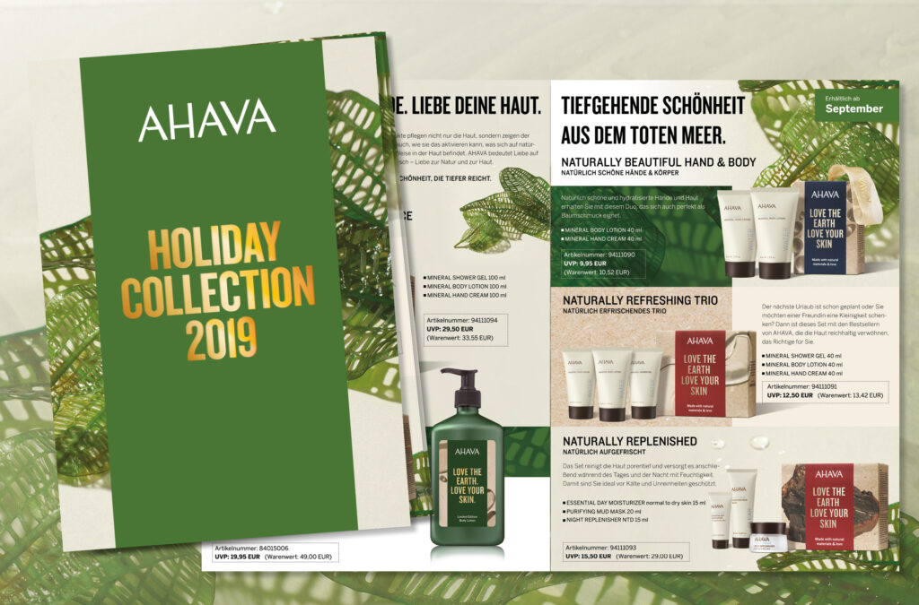 Gestaltung eines 4-seitigen Salesfolder für AHAVA – Die “Holiday Collection 2019“