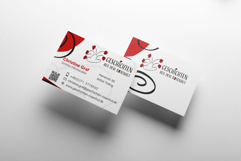 Künstlerisches Logo-Design in Schwarz-Weiß & Rot und passende Visitenkarten