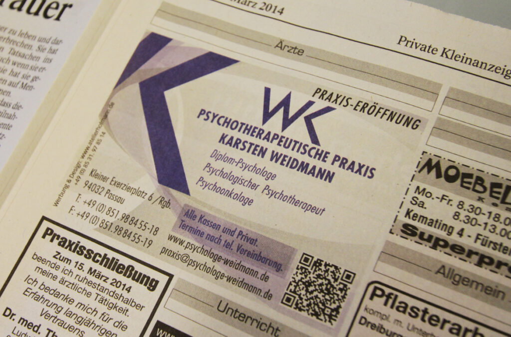 Praxiseröffnung Anzeige für Psychoterapeutische Praxis Karsten Weidmann in Haidenhof Süd, St. Anton, Gestaltung vom Design Atelier Hofmann in Passau und Traunstein