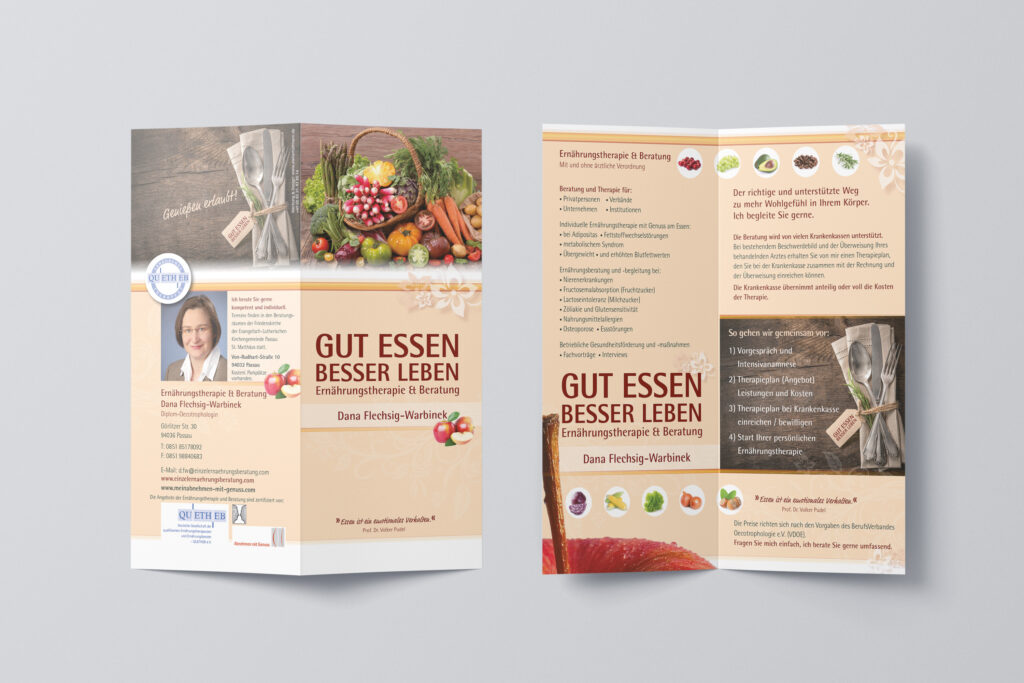 Ernährungsberatung Flyer, Gut Essen besser Leben, Gestaltung von der Werbeagentur Design Atelier Hofmann in Passau und Traunstein