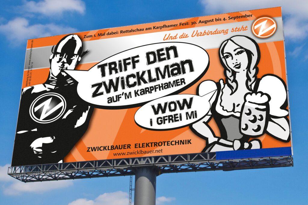 Billboard, Outdoorplakat mit komikartigen Zeichnungen für Messeauftritt Ankündigung von Elektrofirma, Gestaltung vom Design Atelier Hofmann in Passau und Traunstein