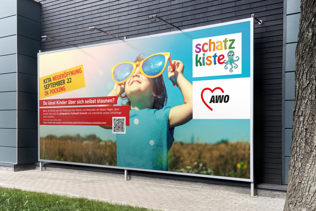 Großflächenplakate Kampagnenentwicklung für AWO zur Eröffnung zum neuen Kindergarten zur Personalsuche, Gestaltung vom Design Atelier Hofmann in Passau und Traunstein