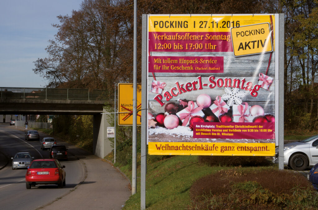 Gewerbeverein Pocking aktiv Plakate und Banner für verkaufsoffenen Sonntag, Gestaltung by kreativen Werbeagentur Design-Atelier-Hofmann in Passau und Traunstein